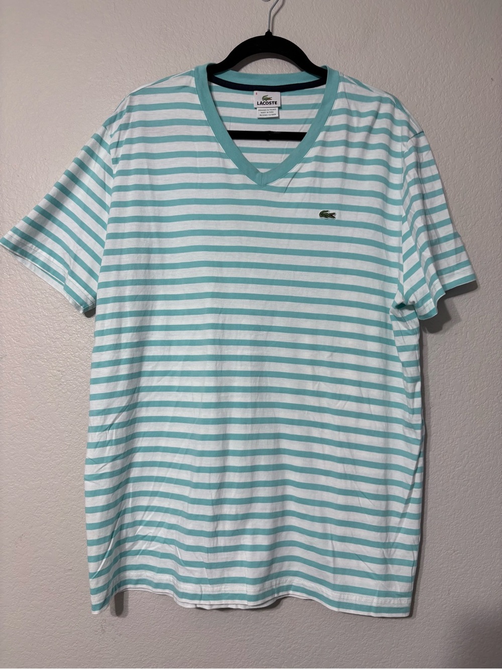 Lacoste Men’s Mint‎ & White Striped V-Neck Tee